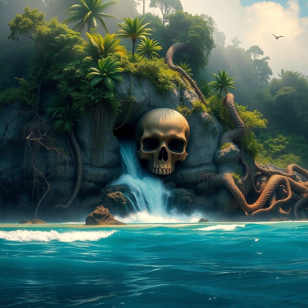 realistic depiction of Jungle Island with a skull shaped cav...