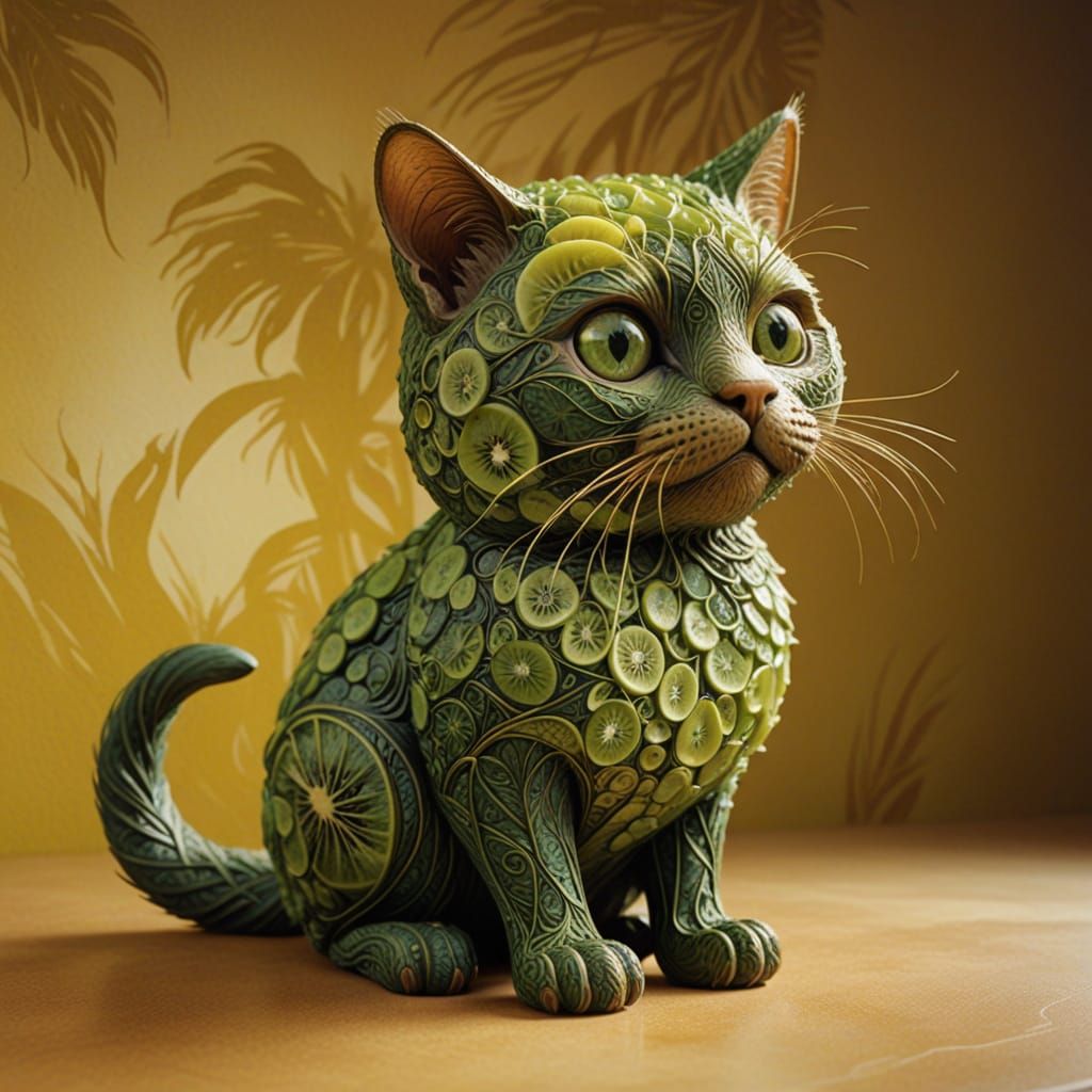 Whimsical Kiwi Cat Sculpture in Pop Surrealist Style