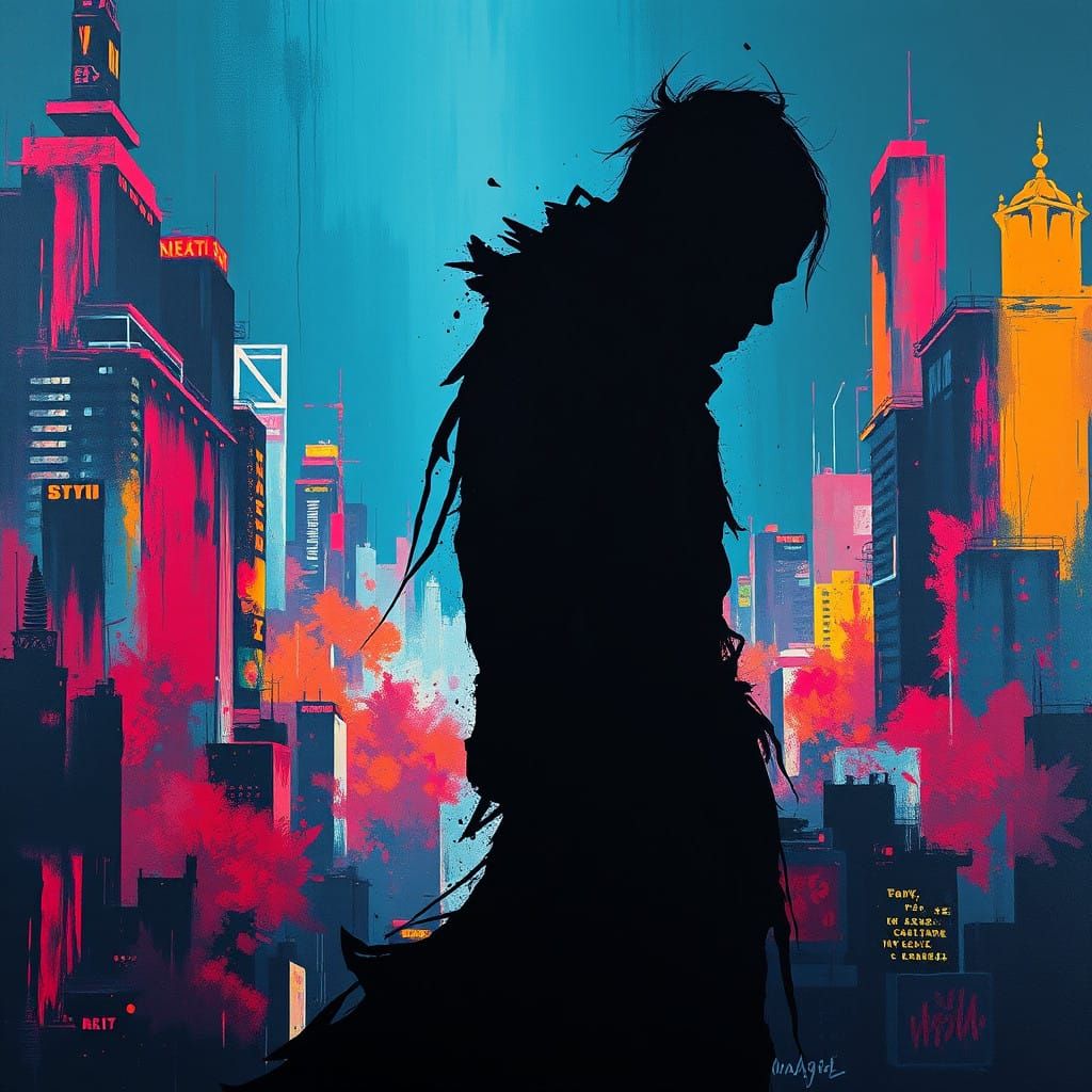 Dynamic Silhouette in Neon-Lit Futuristic Cityscape
