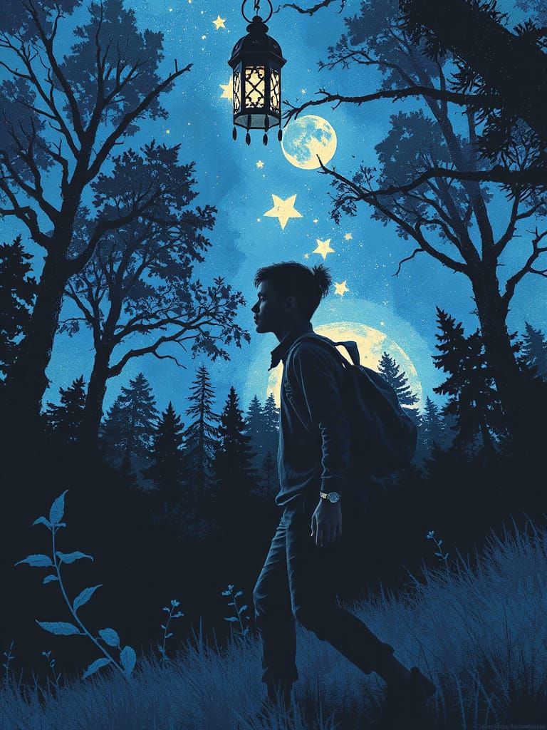 Traveler with Lantern in Starry Enchanted Forest