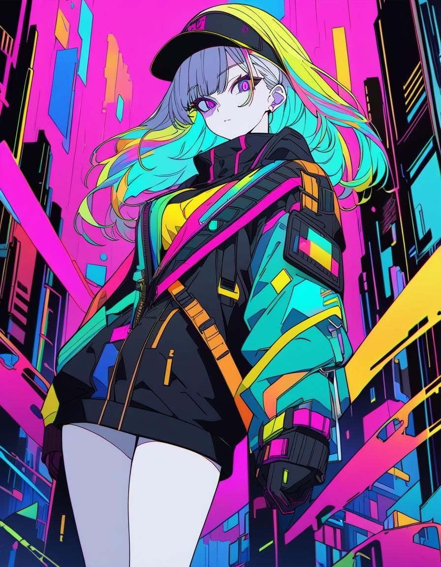 Cyberpunk Girl with Rainbow Eyes in Ligne Claire Style