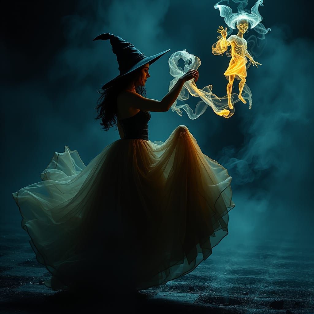 Witch and Ghost Wizard Dance in Magical Swirls