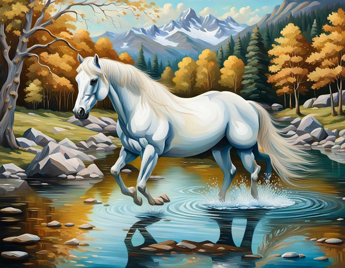 Majestic Horse Crossing River in Baroque Oil Painting