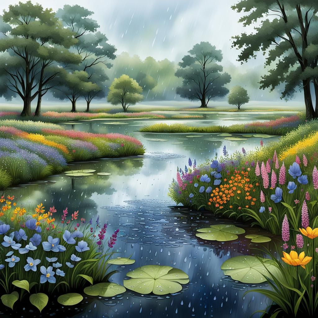 Rainy Day Serenity: Countryside Landscape with Wildflowers