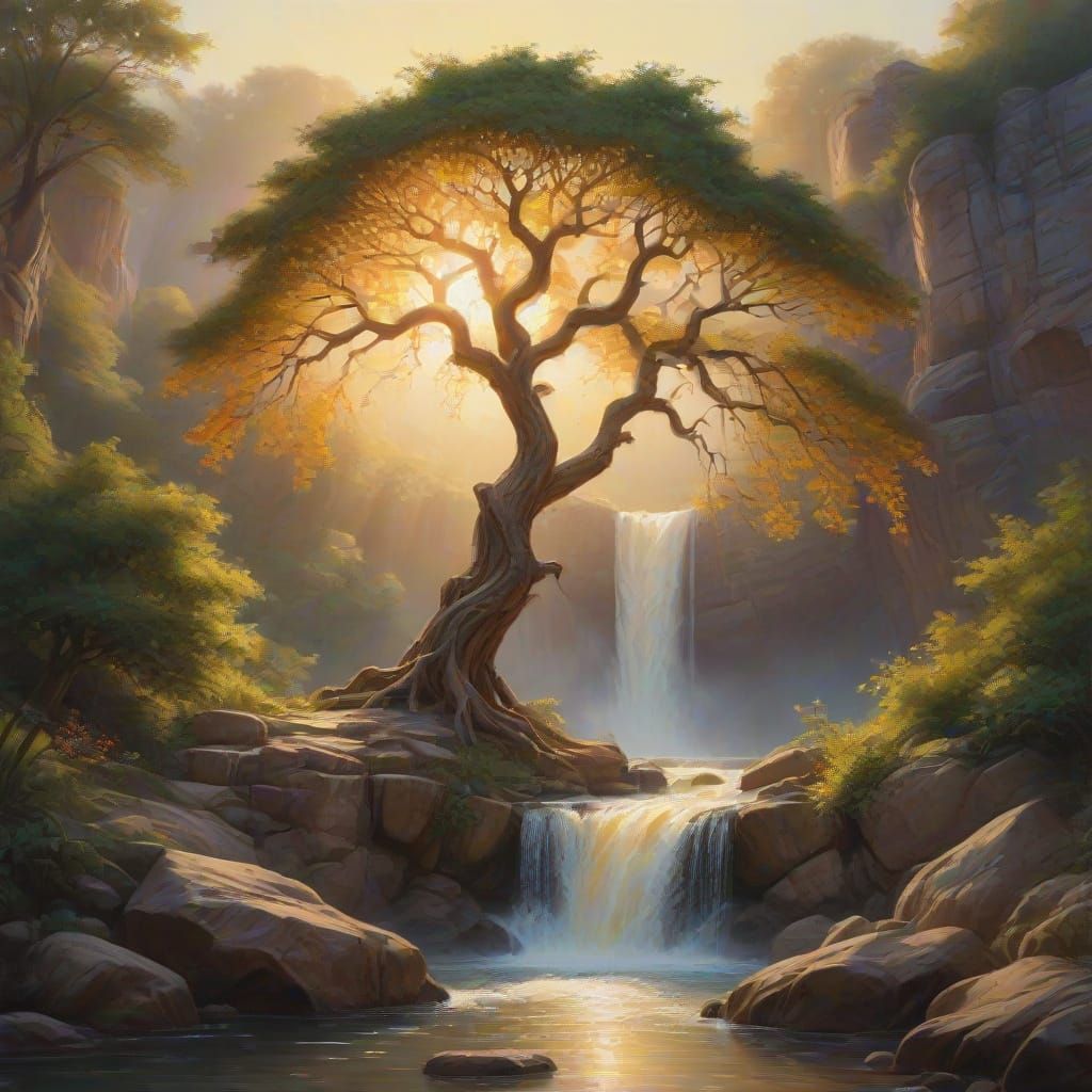 Tree of Life Oil Painting at Picturesque Waterfall