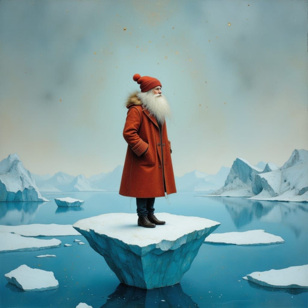 Festive Figure on Serene Iceberg in Whimsical Snowfall