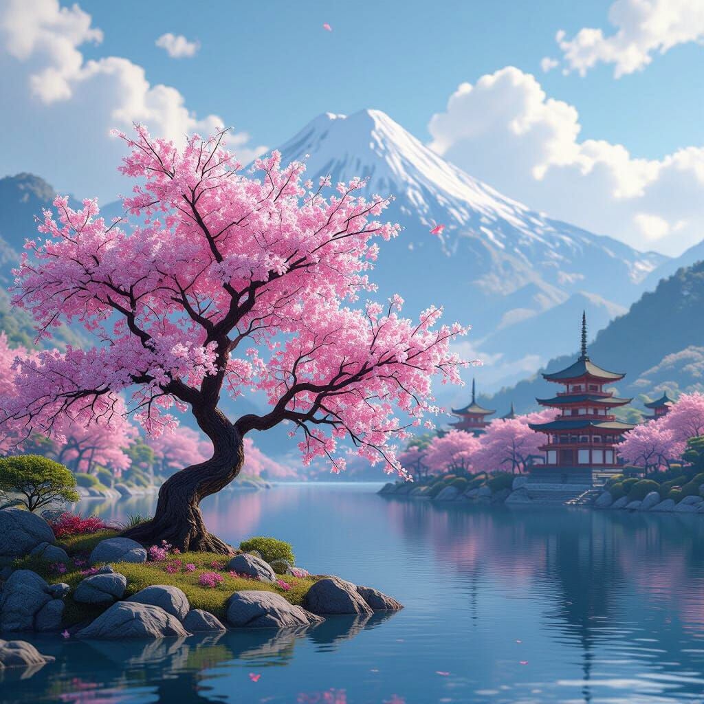 Blooming Sakura Tree by Calm Lake in Anime Style