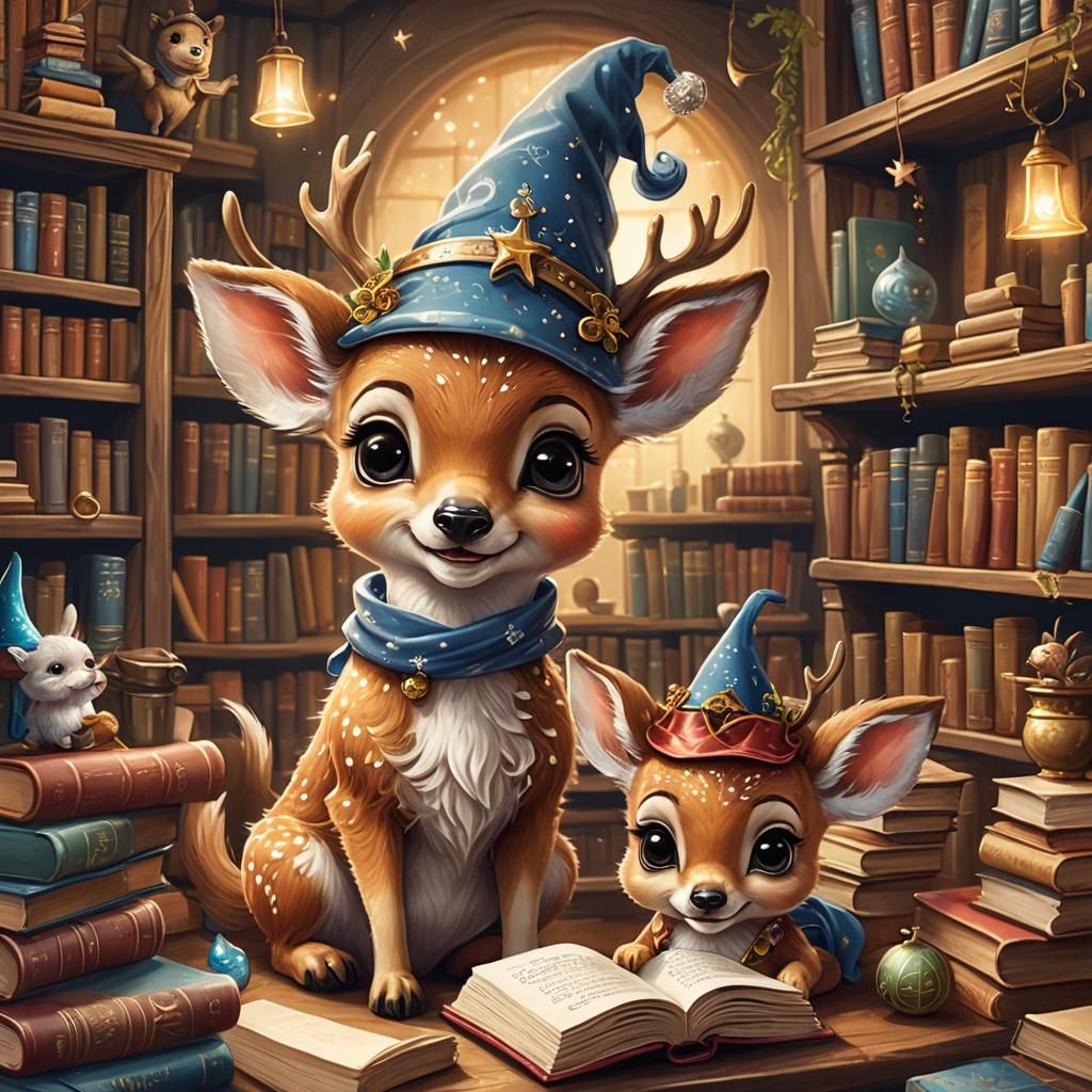 Whimsical Deer Wizards in Enchanted Library