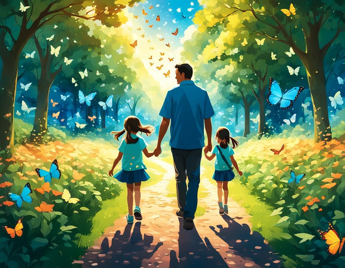 Father and Daughters in Butterfly Park