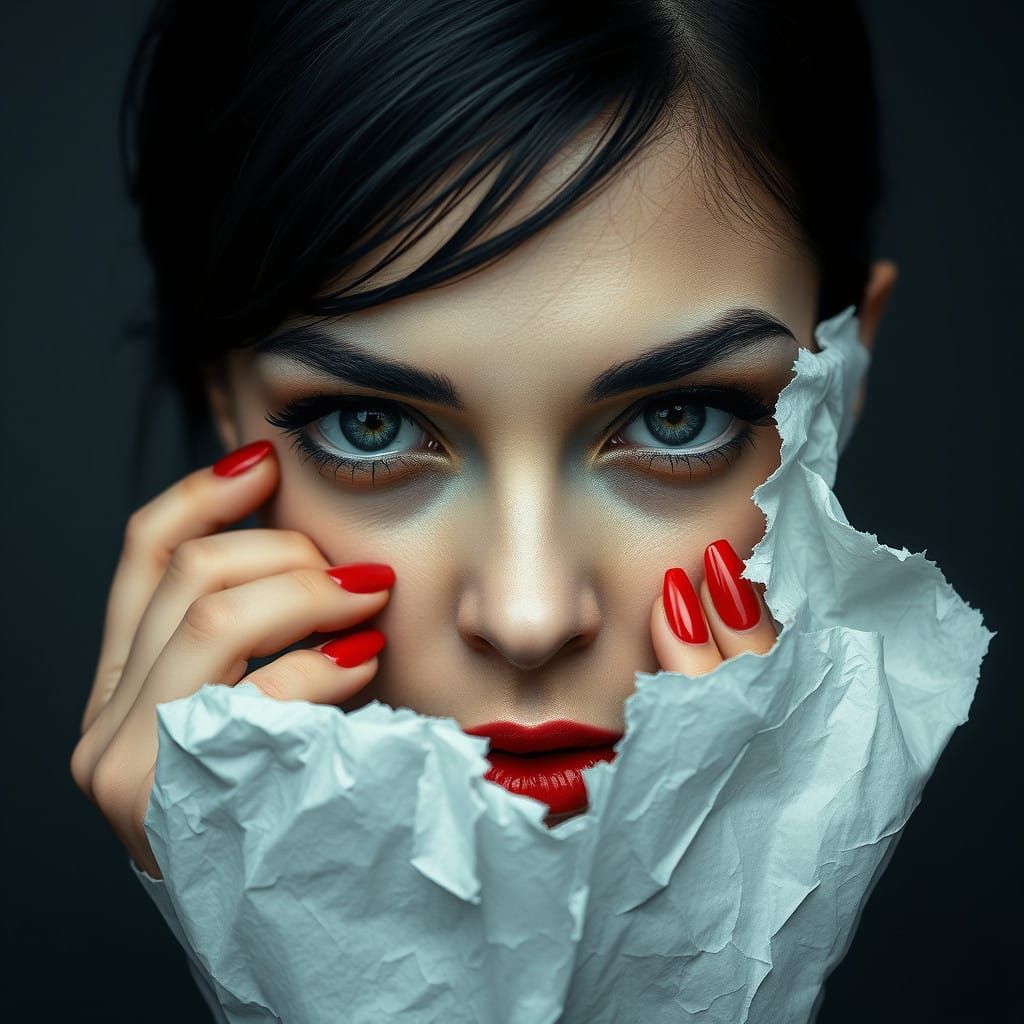 Enigmatic Portrait of a Woman Through Torn Paper