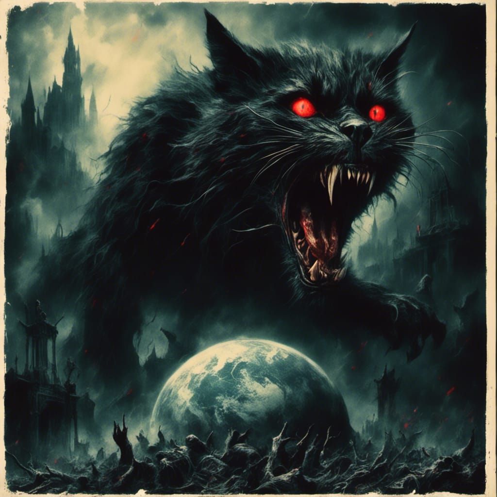 Giant Black Cat Devouring Earth in Dark Fantasy Style