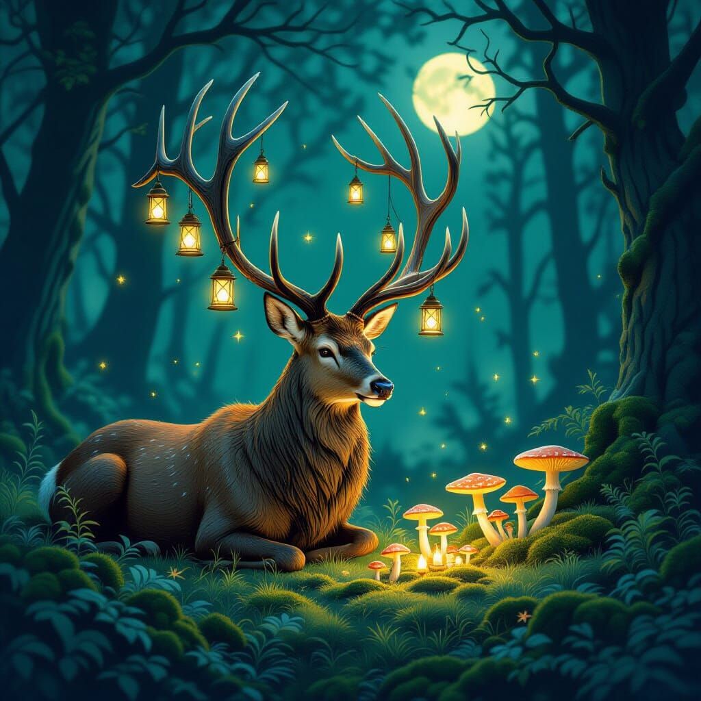 Majestic Stag Arranges Glowing Fungi by Lantern Light