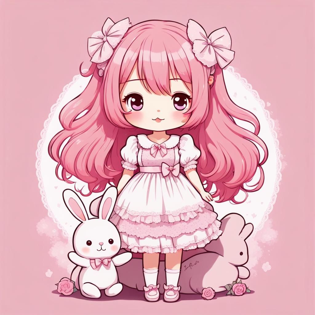 Adorable Kawaii Girl with Pink Hair in Anime Style