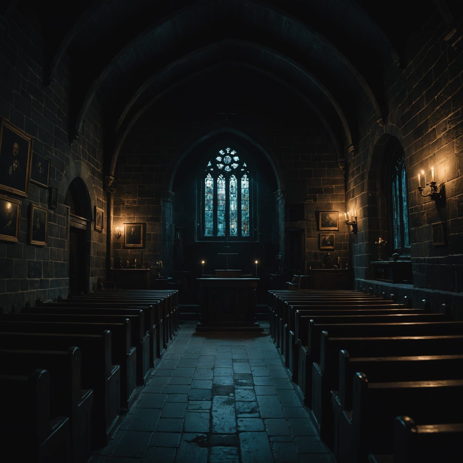 Dark Chapel Interior at Night: Cinematic Film Still