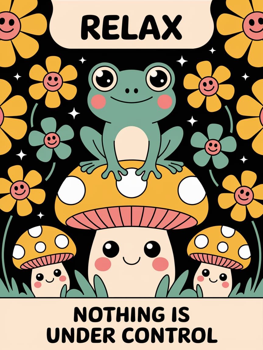 Whimsical Kawaii Cartoon: Frog on Mushroom
