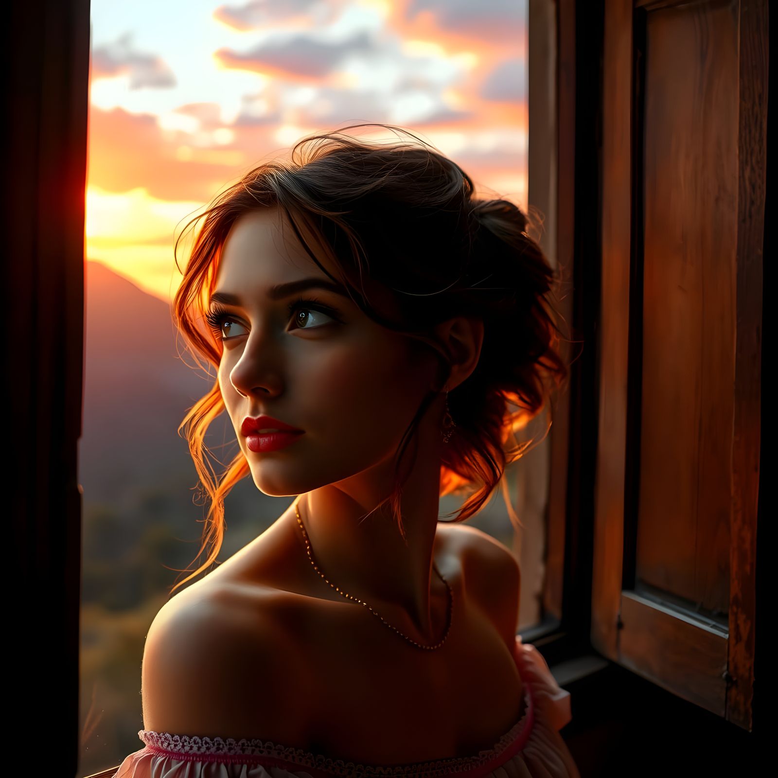 Cosy Rustic Scene with a Stunning Woman and Sunset