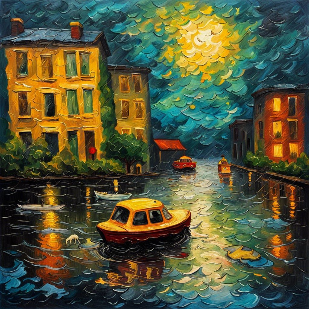 Flooded City Street Rescue in Impasto Style