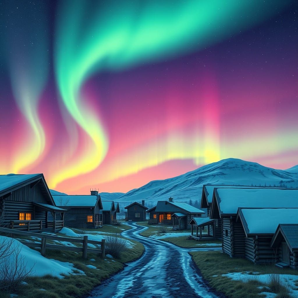 Northern Lights Dance Above Scandinavian Village