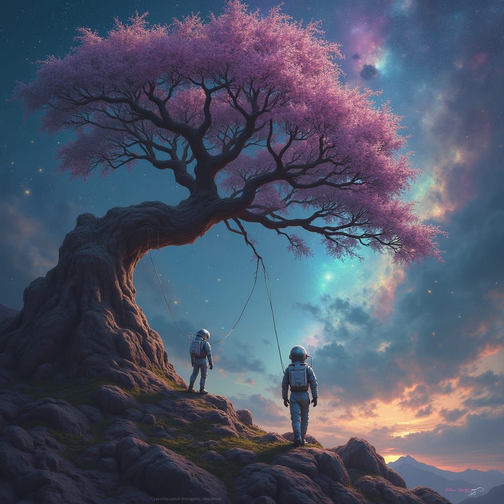 Astronaut Tethered to Cosmic Tree in Bioluminescent Galaxy