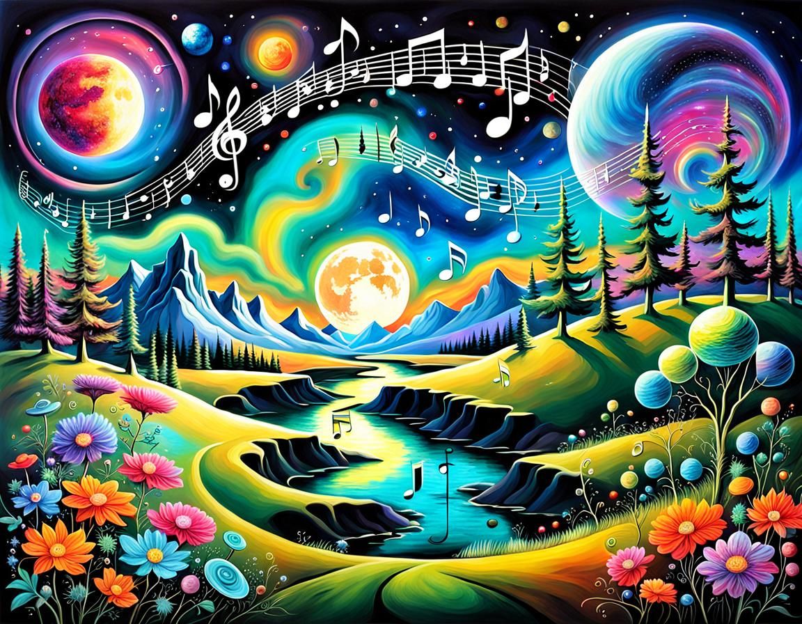 Surreal Multicolored Cosmos with Music and Northern Lights