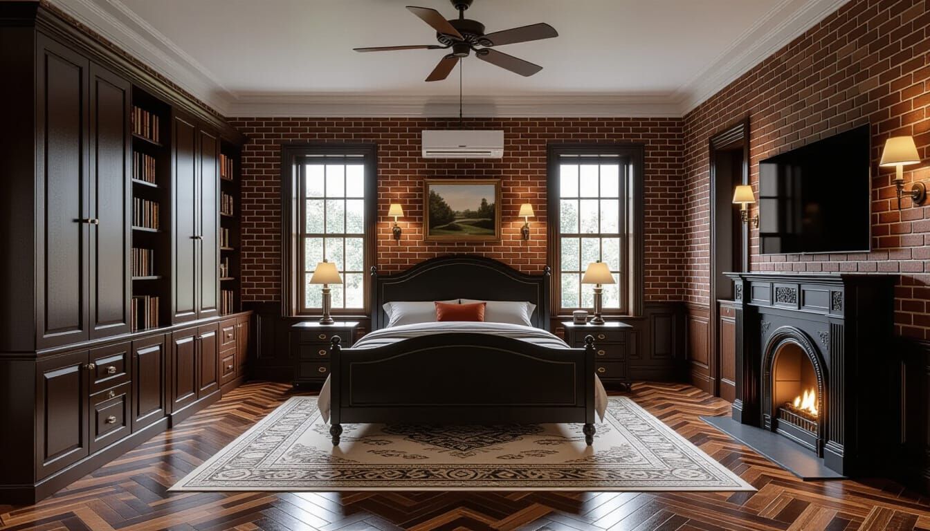 Luxurious Victorian Bedroom with Fireplace and King Bed