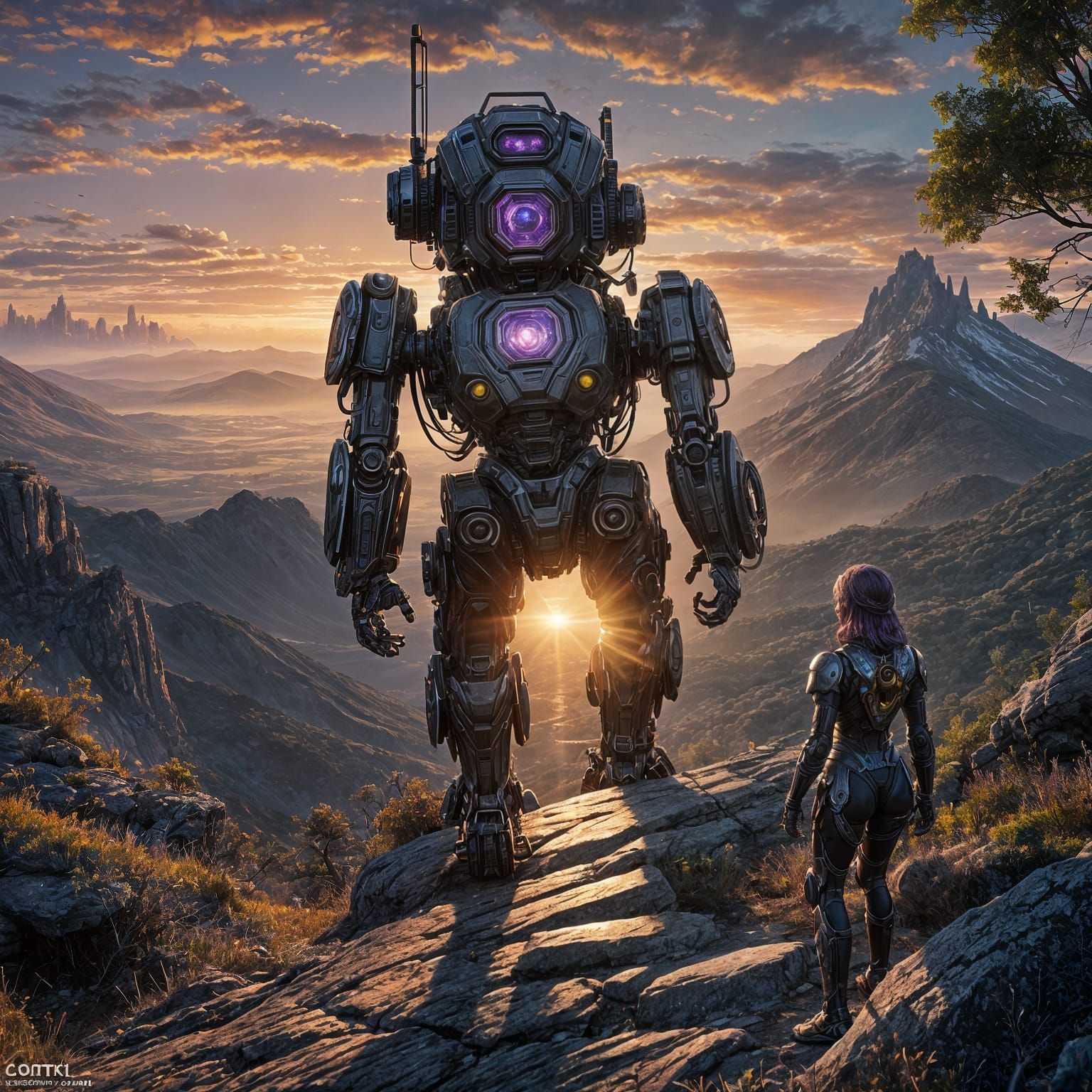 Robot and Girl Watch Sunset: Dark Fantasy Art
