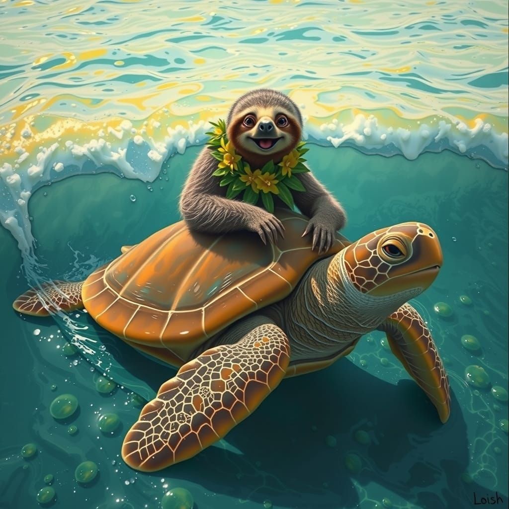 Joyful sloth riding a sea turtle