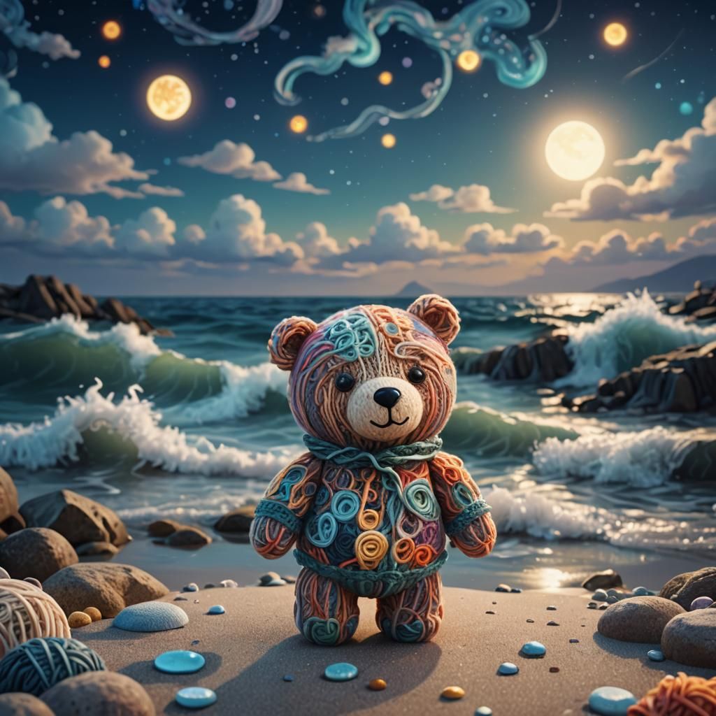 Magical 3D Teddy Bear on Moonlit Shore