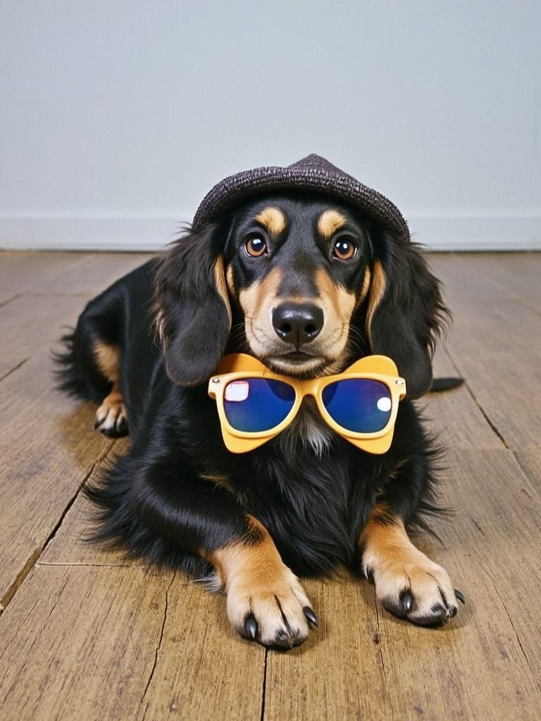 Dachshund in Hat and Sunglasses, Cinematic Film Still