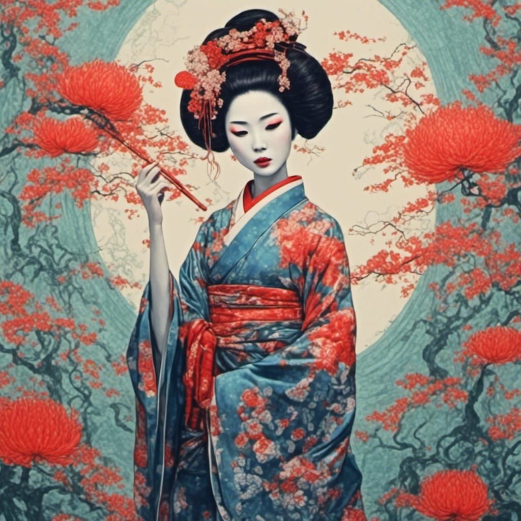 Colorful Geisha Portrait with Screaming Dots Aesthetic