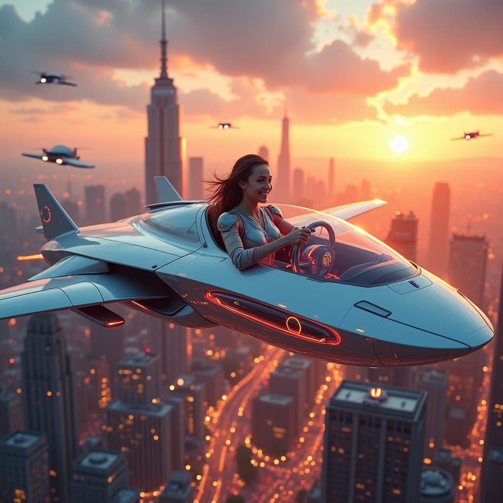 Woman Drives Flying Car in Futuristic Cityscape