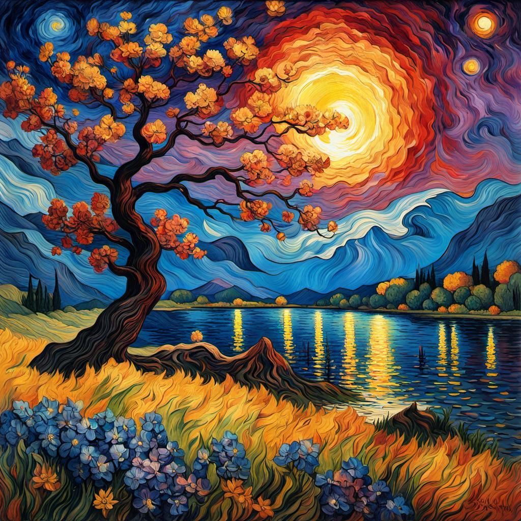 Starry Night Landscape with Oak Tree, in Van Gogh Style