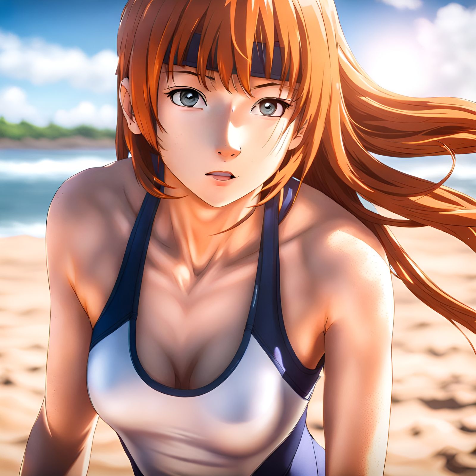 Anime Style Woman on Beach in Swimsuit