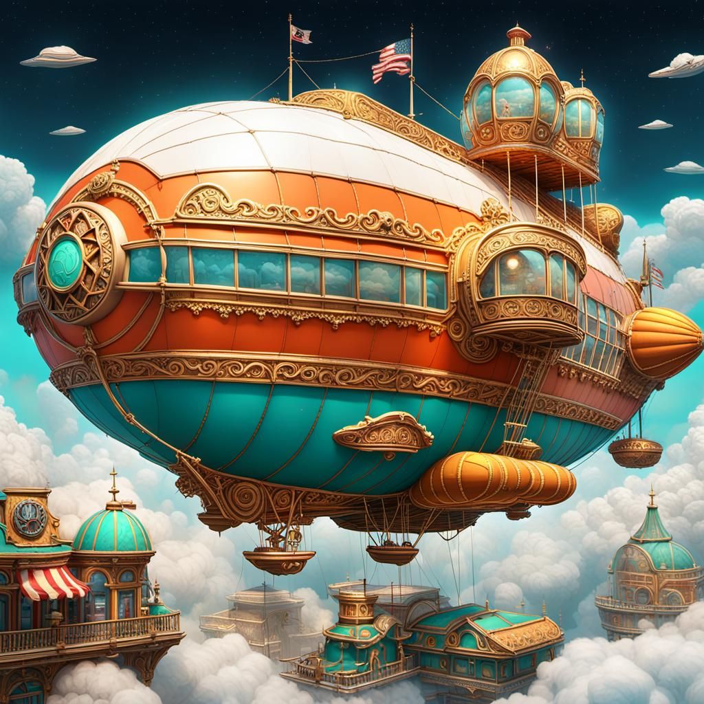 Donut Shop Airship in 50s Fantasy Style