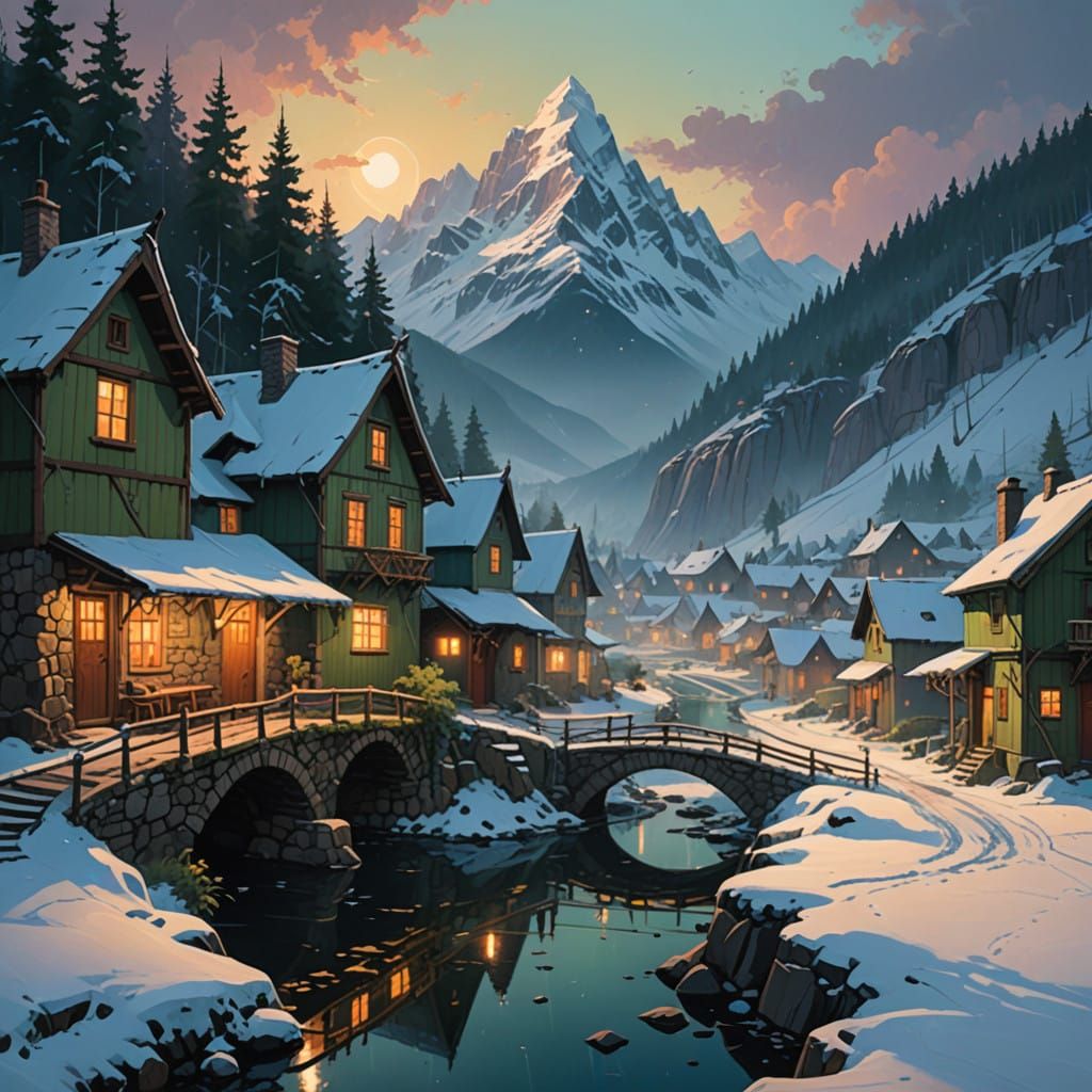Whimsical Mountain Village at Night