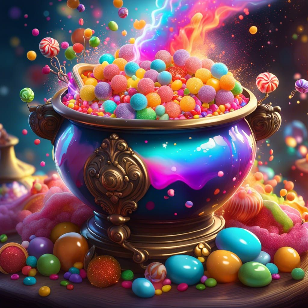 Magic Cauldron Bursting with Colorful Candy