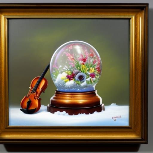 Snow Globe with Violin and Flowers as Oil Painting