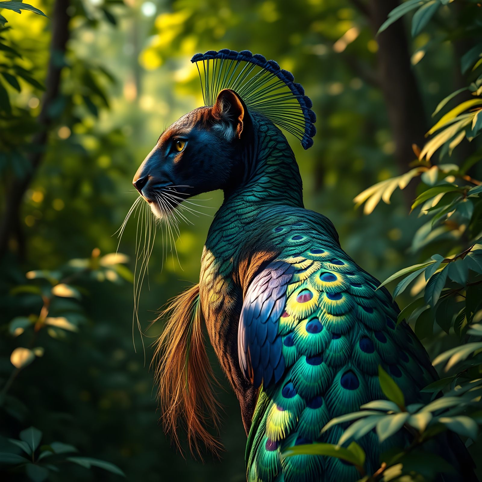 Regal Avian Feline Hybrid in Vibrant Green Forest