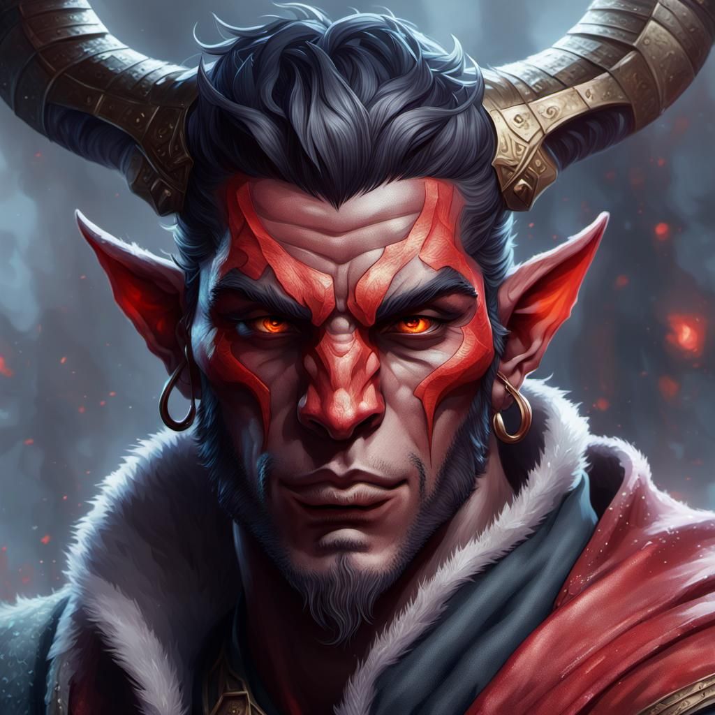 Fantasy Art Portrait of Young Red Tiefling in Winter