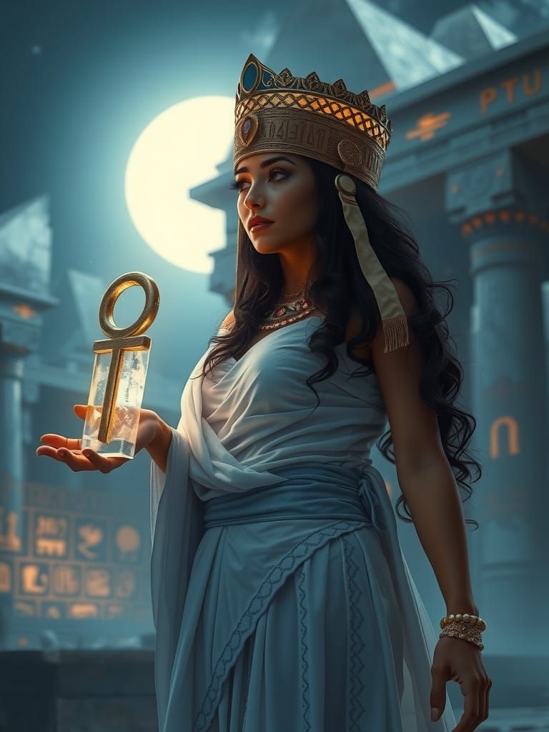 Majestic Egyptian Temple Under Moonlit Hieroglyphs