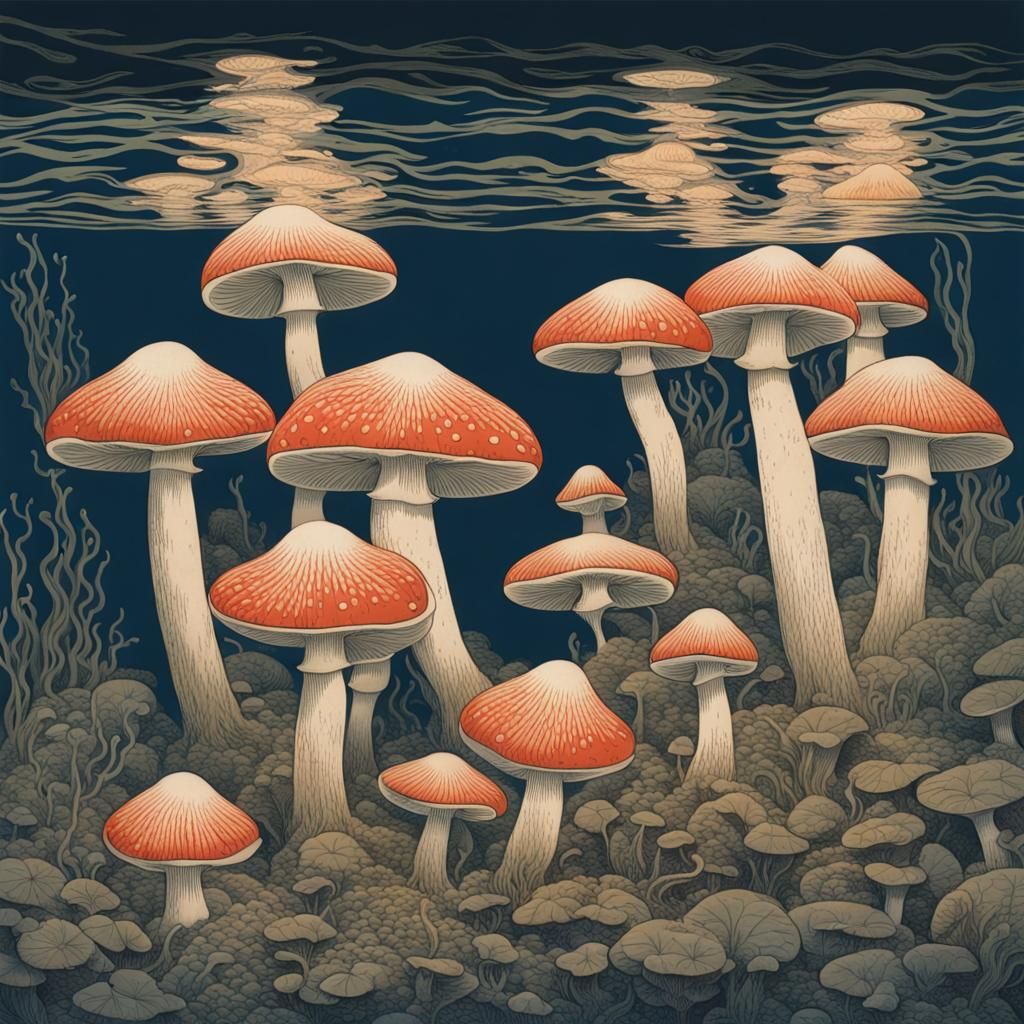 Underwater Mushrooms in Japanese Woodblock Style