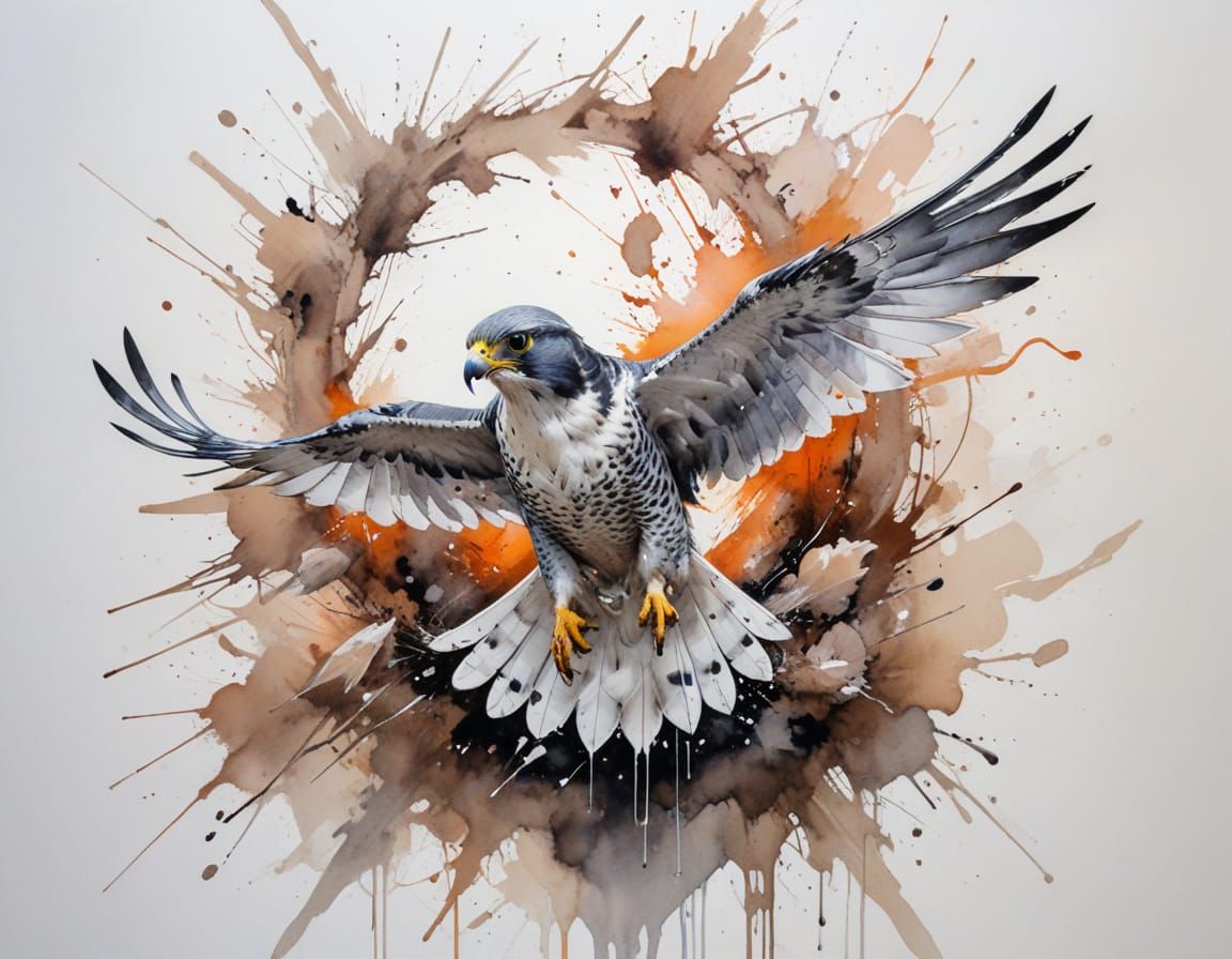 Peregrine Falcon Stooping in Ink and Wash Style