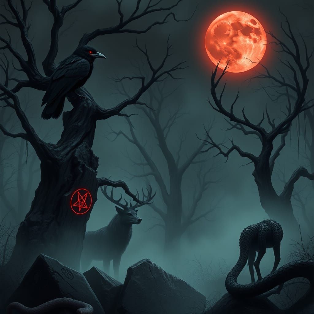 Dark Fantasy Creatures in Haunted Forest, Blood Moon Illumin...