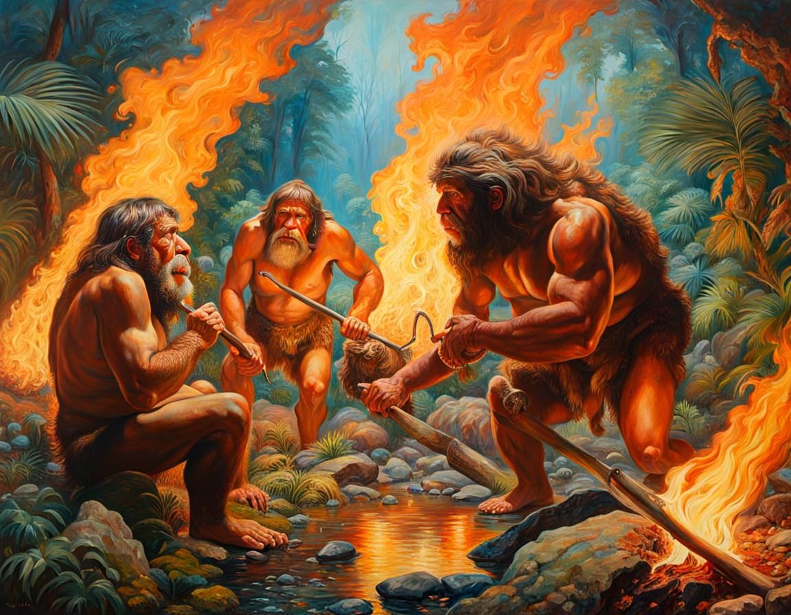 Neanderthals Discover Fire: Neo-Impressionist Oil Painting