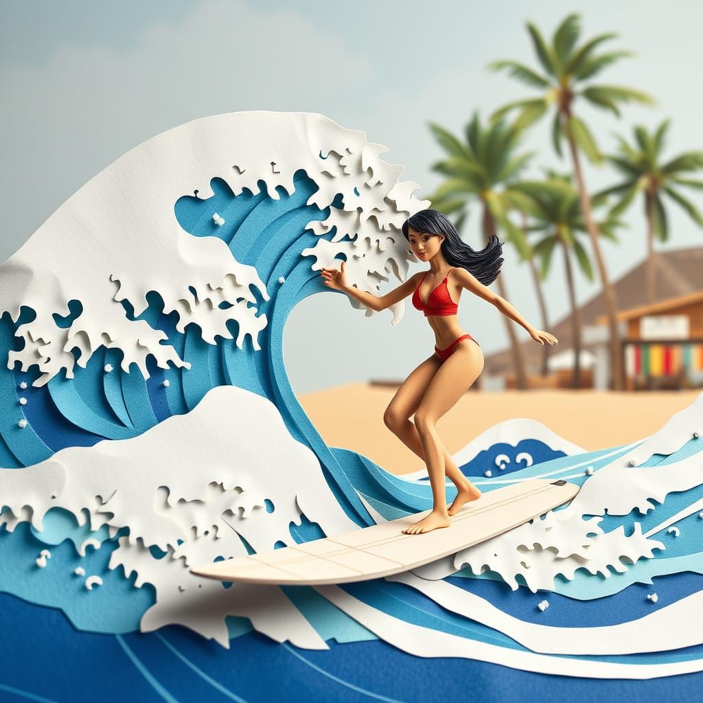 Asian Surfer Riding Wave in Hokusai Style