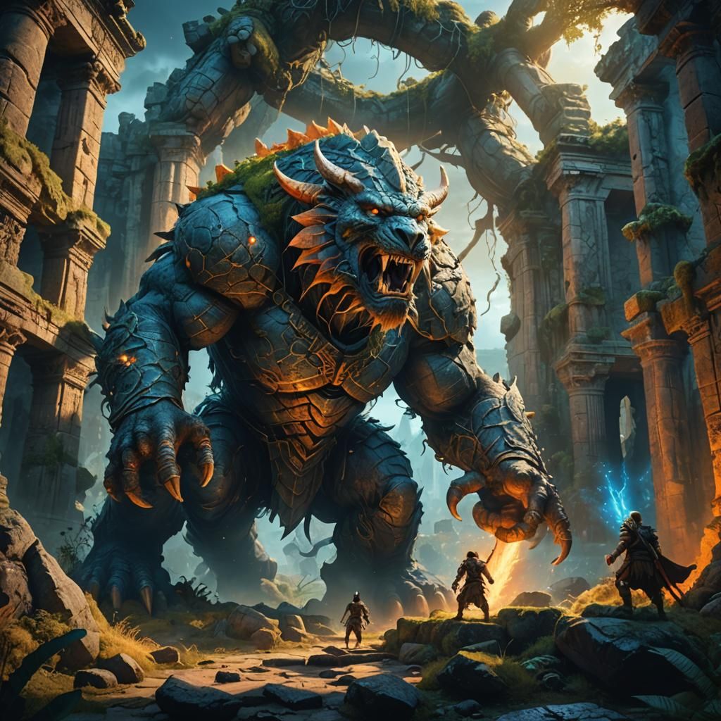 Prehistoric Warrior Battles Ancient Beast in Ruins