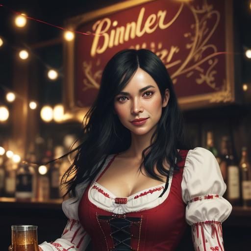 Bavarian Woman in Oktoberfest Garden, Hyperrealistic Style