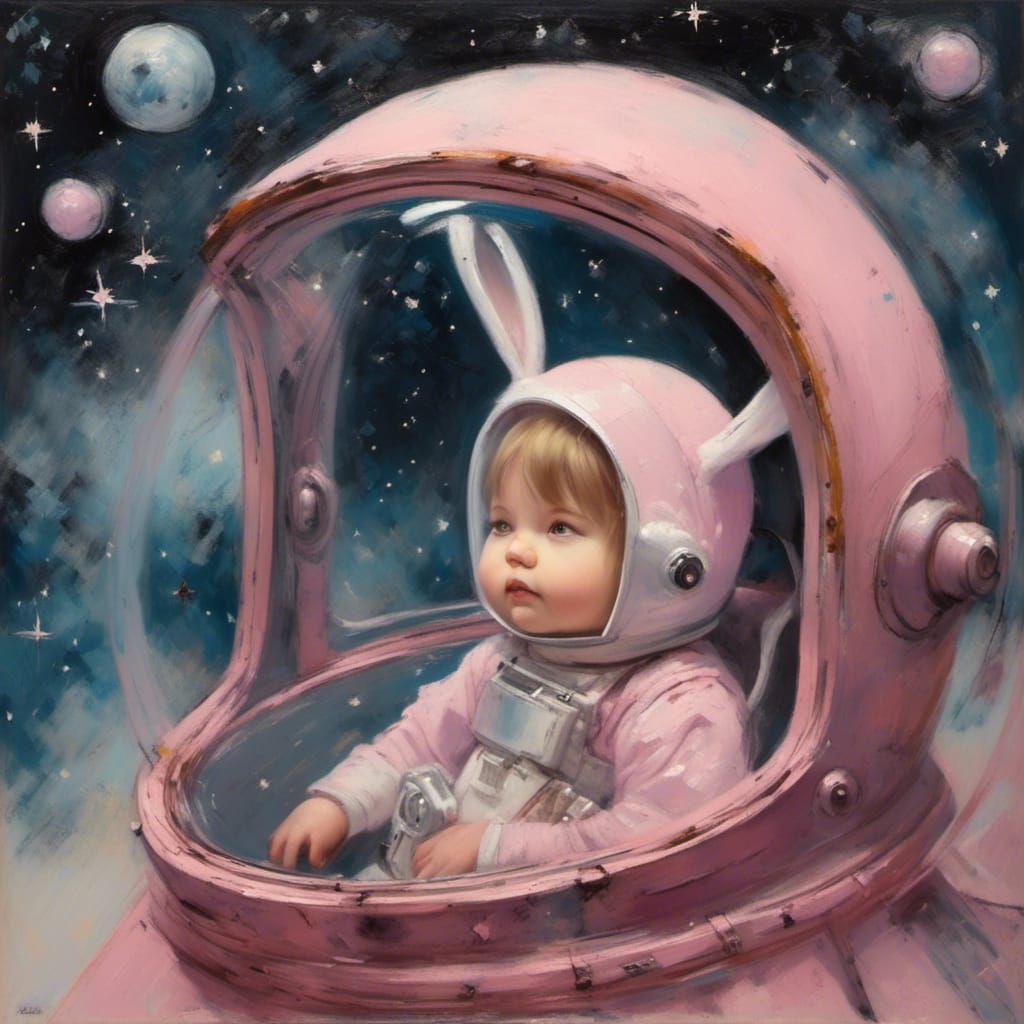 Toddler Astronaut and Bunny Explore Galaxy in Chalk Painting
