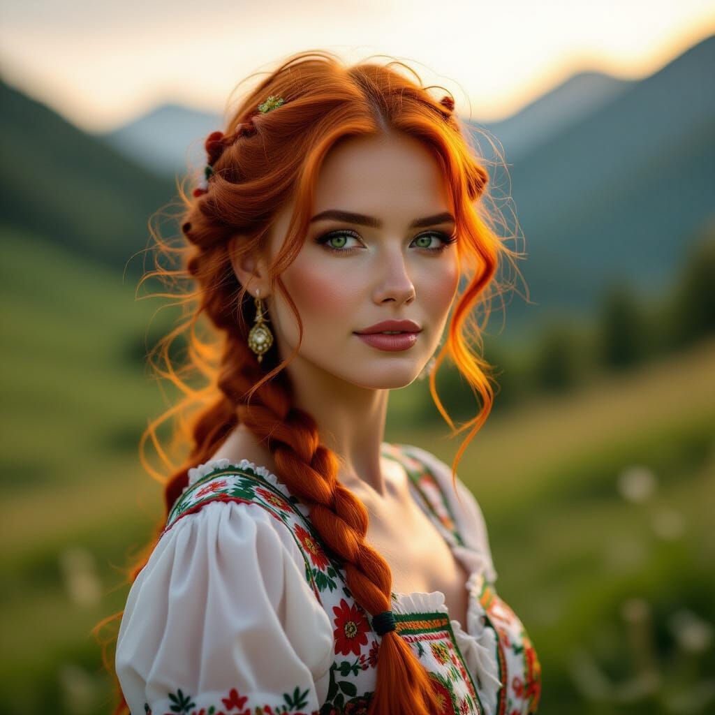 Woman in Ukrainian Attire in Carpathian Valley at Golden Hou...