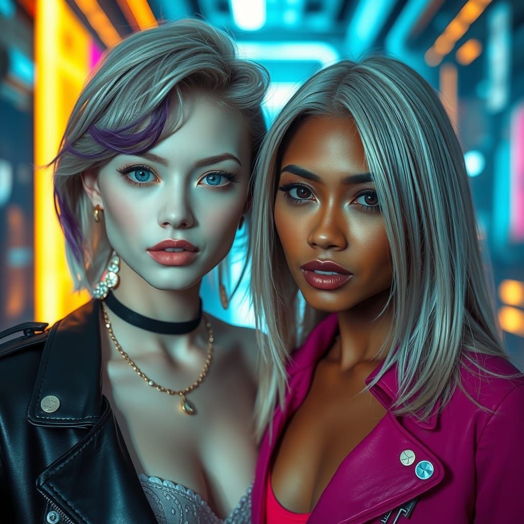 Two Women in Cyberpunk Setting, Wide Angle Portrait